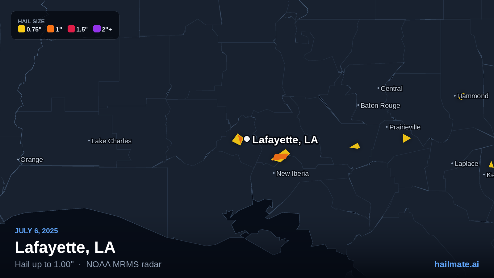Hail swath map for Lafayette, LA on July 6, 2025 showing 1.00 inch hail.
