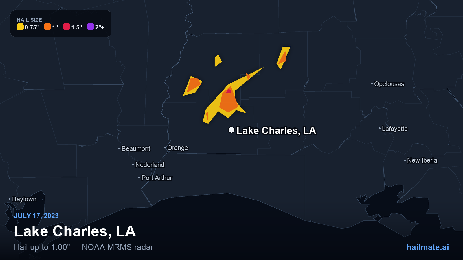 Hail swath map for Lake Charles, LA on July 17, 2023 showing 1.00 inch hail.