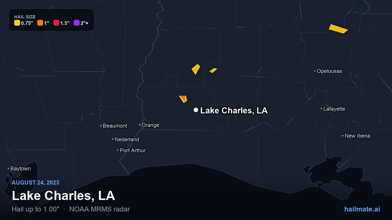 Hail swath map for Lake Charles, LA on August 24, 2023 showing 1.00 inch hail.