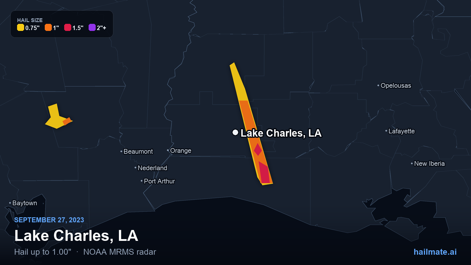 Hail swath map for Lake Charles, LA on September 27, 2023 showing 1.00 inch hail.