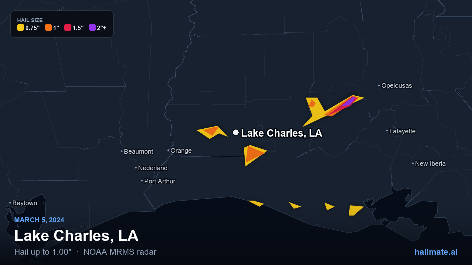 Hail swath map for Lake Charles, LA on March 5, 2024 showing 1.00 inch hail.
