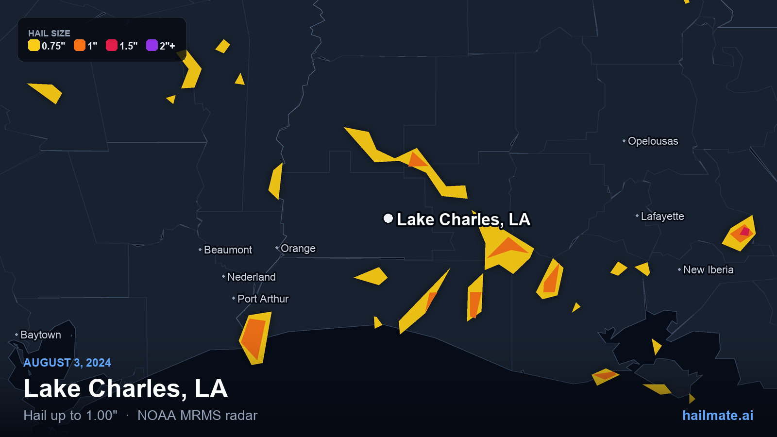 Hail swath map for Lake Charles, LA on August 3, 2024 showing 1.00 inch hail.