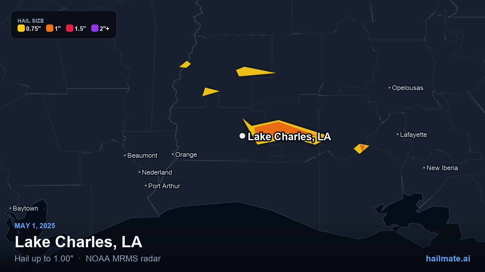 Hail swath map for Lake Charles, LA on May 1, 2025 showing 1.00 inch hail.