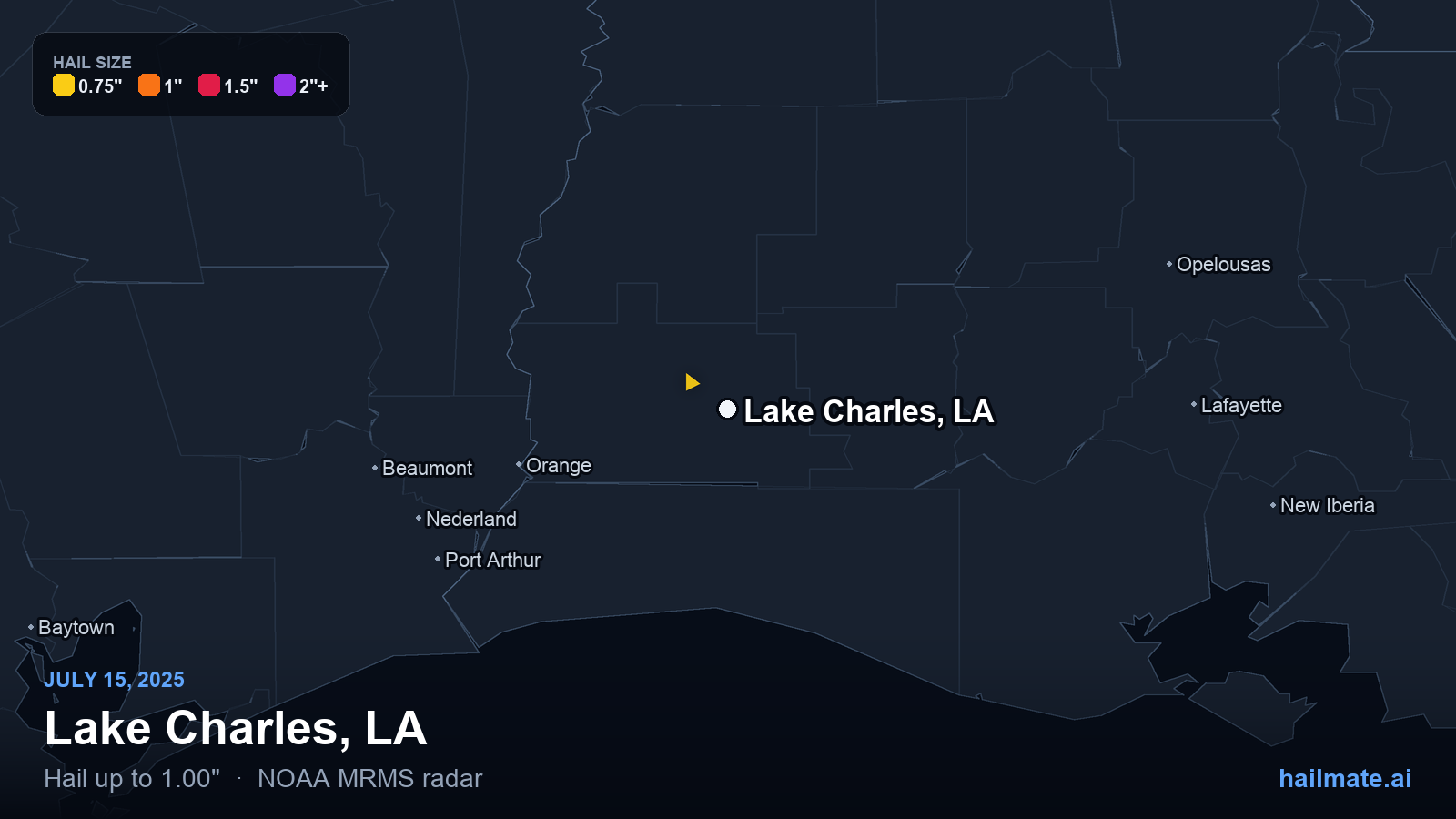 Hail swath map for Lake Charles, LA on July 15, 2025 showing 1.00 inch hail.