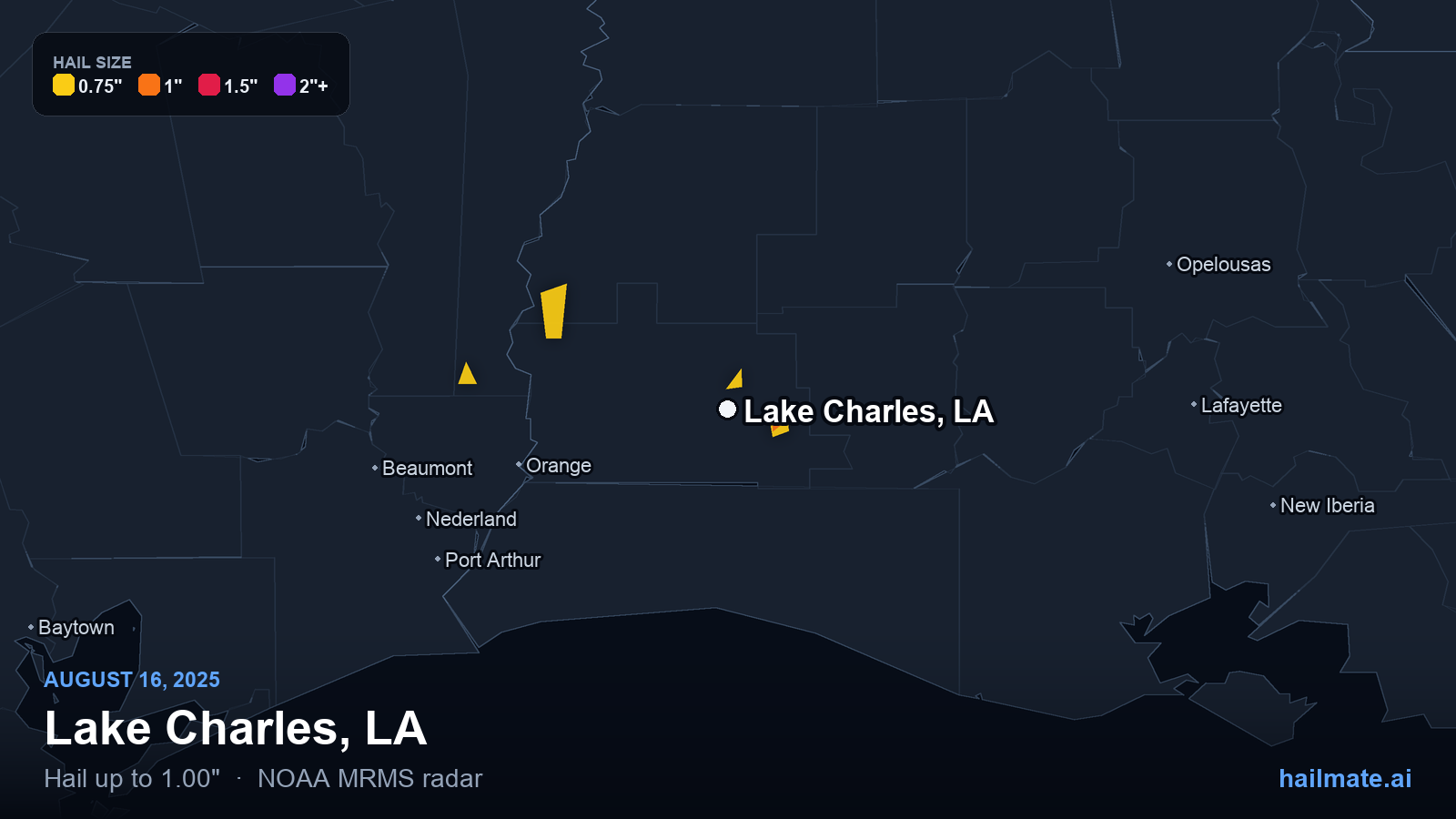 Hail swath map for Lake Charles, LA on August 16, 2025 showing 1.00 inch hail.