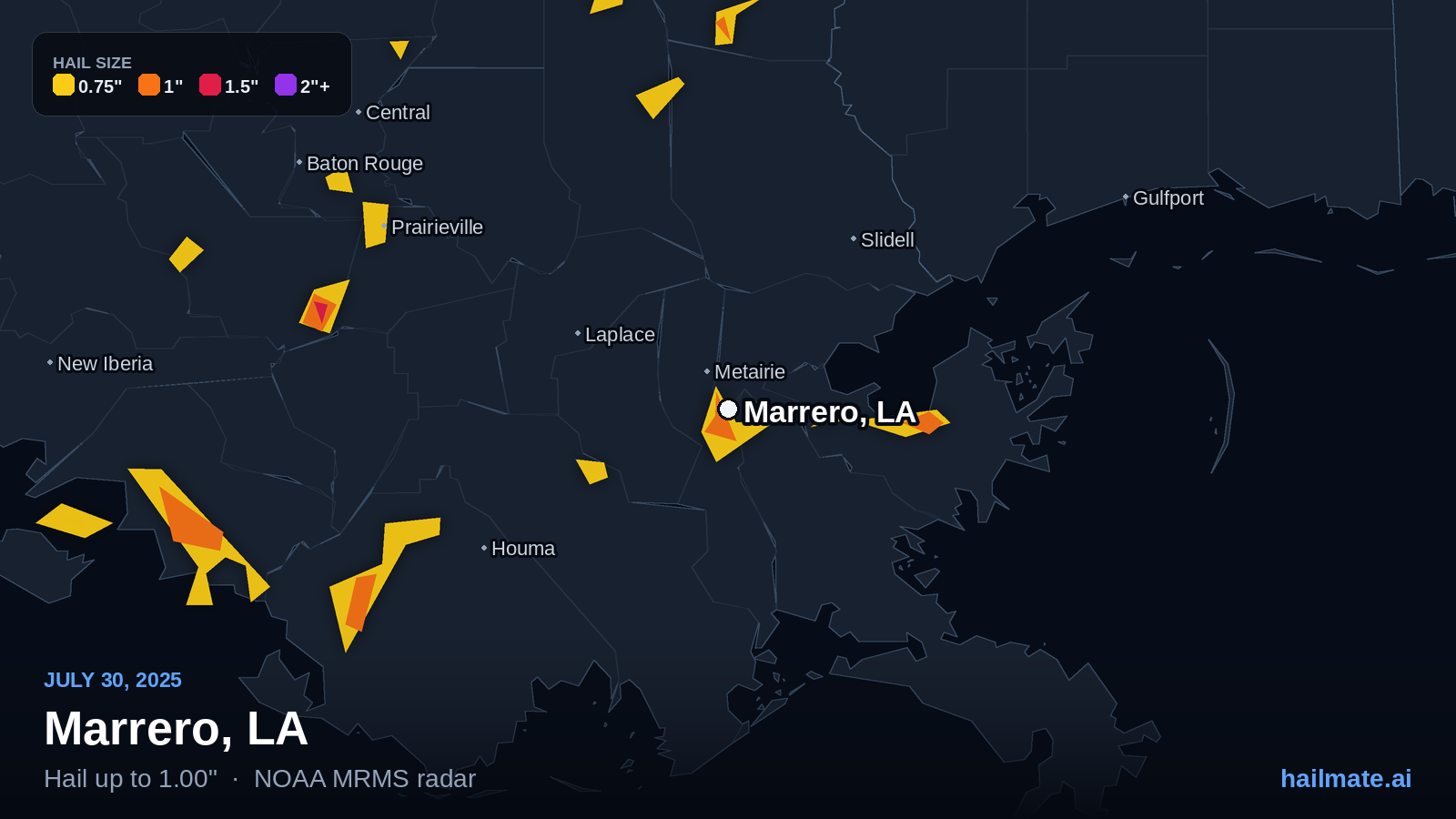 Hail swath map for Marrero, LA on July 30, 2025 showing 1.00 inch hail.