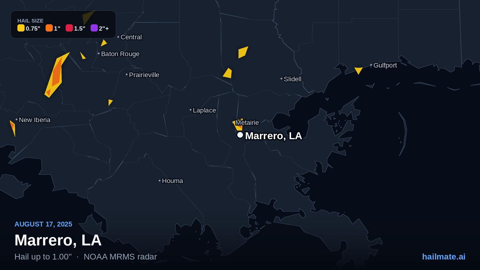 Hail swath map for Marrero, LA on August 17, 2025 showing 1.00 inch hail.