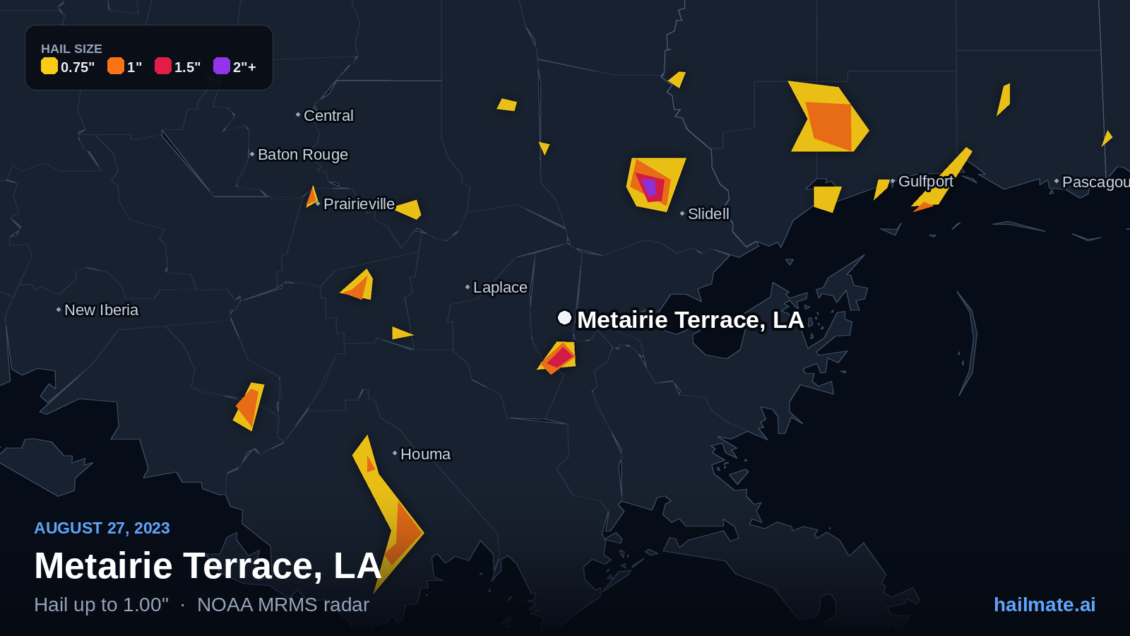 Hail swath map for Metairie Terrace, LA on August 27, 2023 showing 1.00 inch hail.