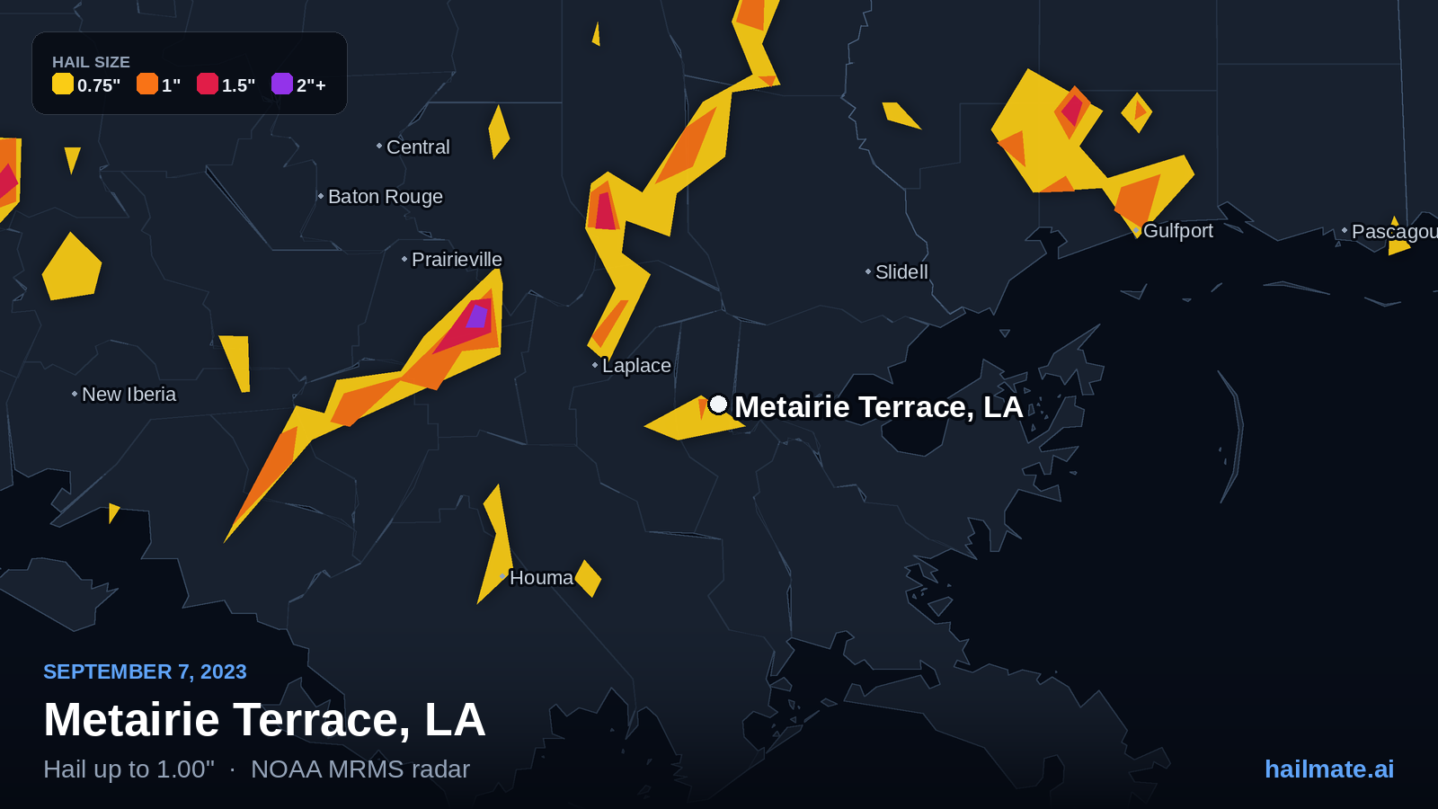 Hail swath map for Metairie Terrace, LA on September 7, 2023 showing 1.00 inch hail.