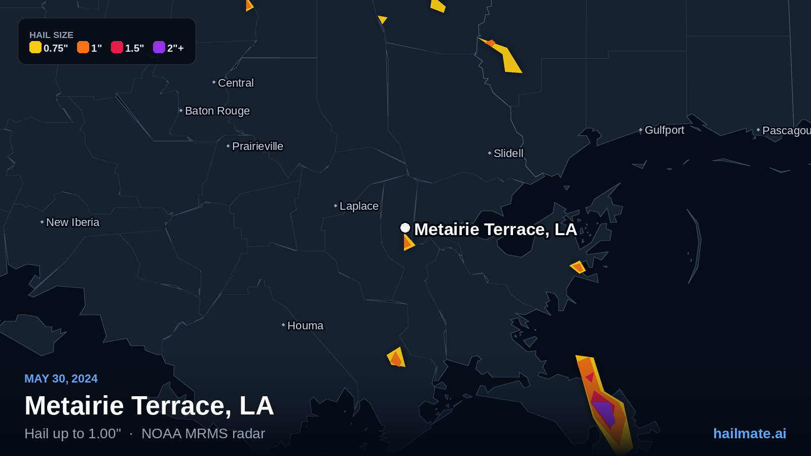 Hail swath map for Metairie Terrace, LA on May 30, 2024 showing 1.00 inch hail.