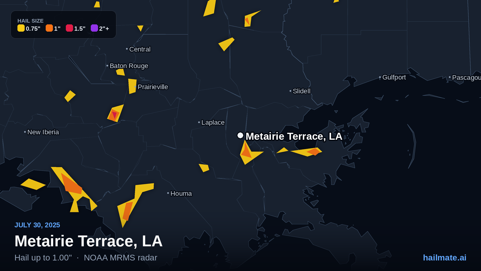 Hail swath map for Metairie Terrace, LA on July 30, 2025 showing 1.00 inch hail.