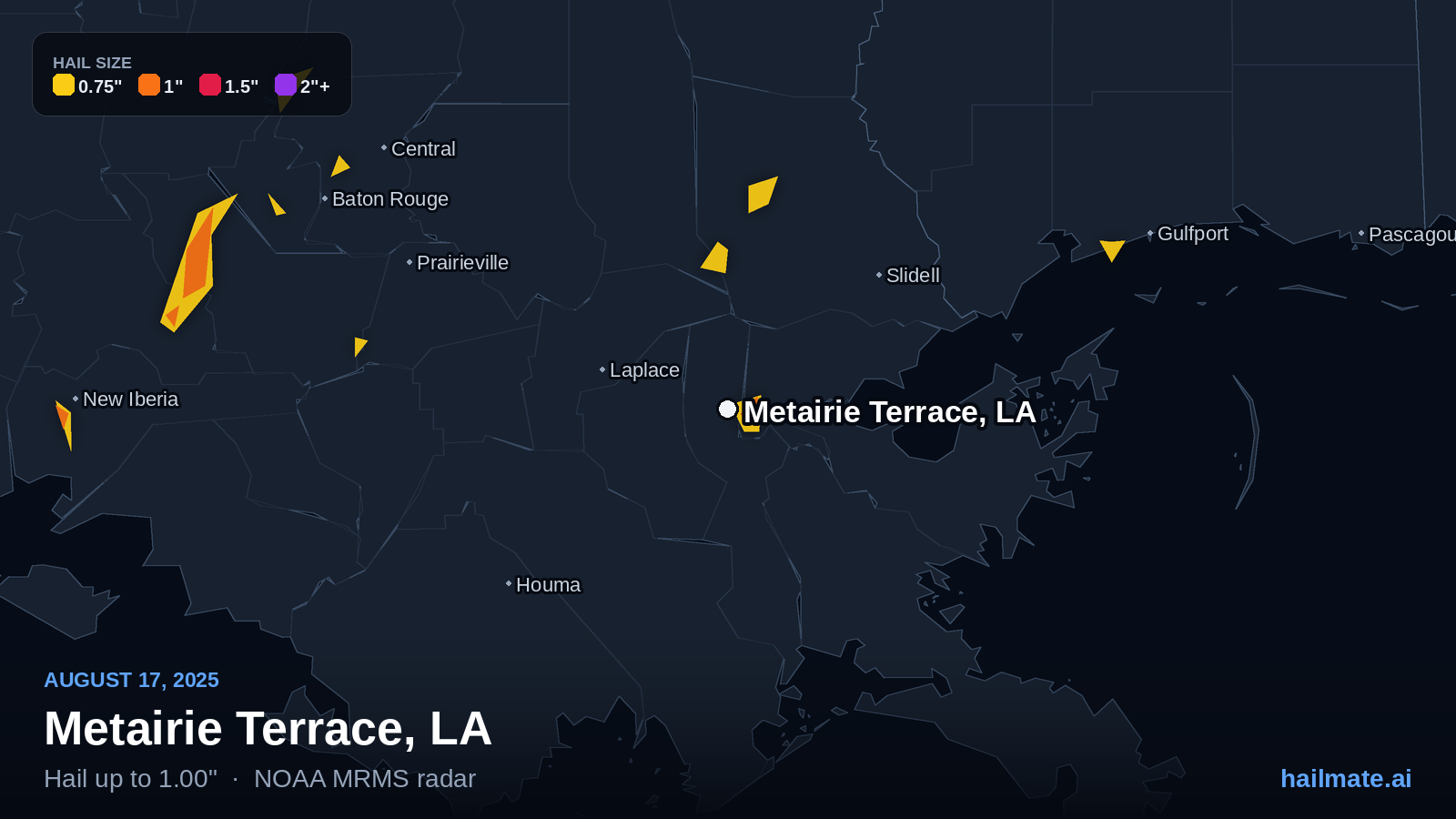 Hail swath map for Metairie Terrace, LA on August 17, 2025 showing 1.00 inch hail.