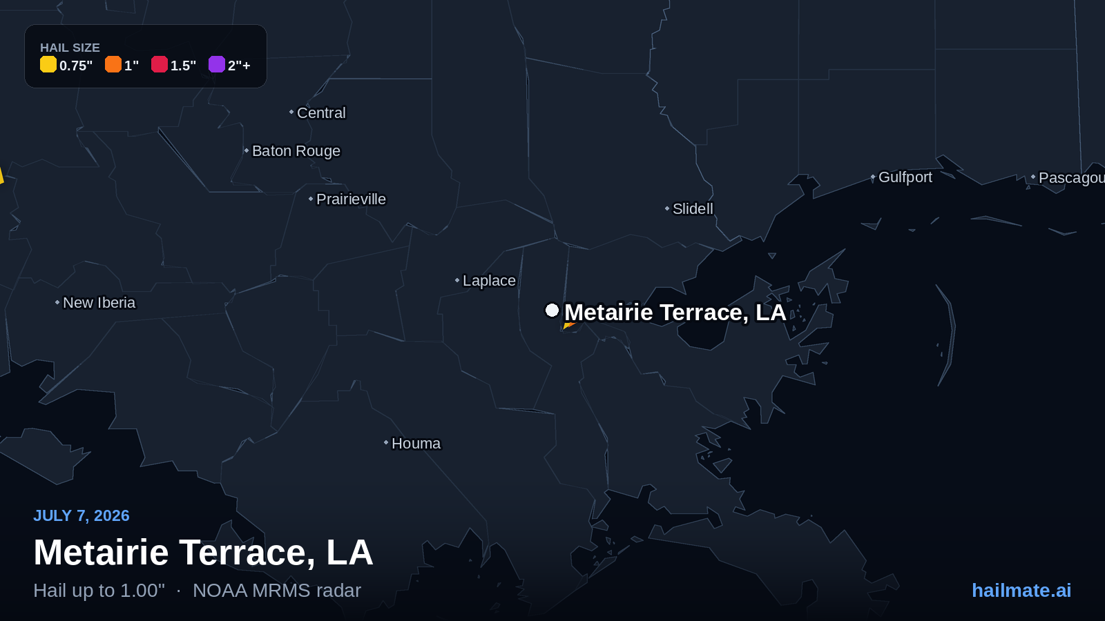 Hail swath map for Metairie Terrace, LA on July 7, 2026 showing 1.00 inch hail.
