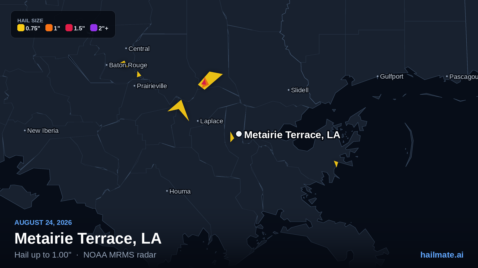 Hail swath map for Metairie Terrace, LA on August 24, 2026 showing 1.00 inch hail.