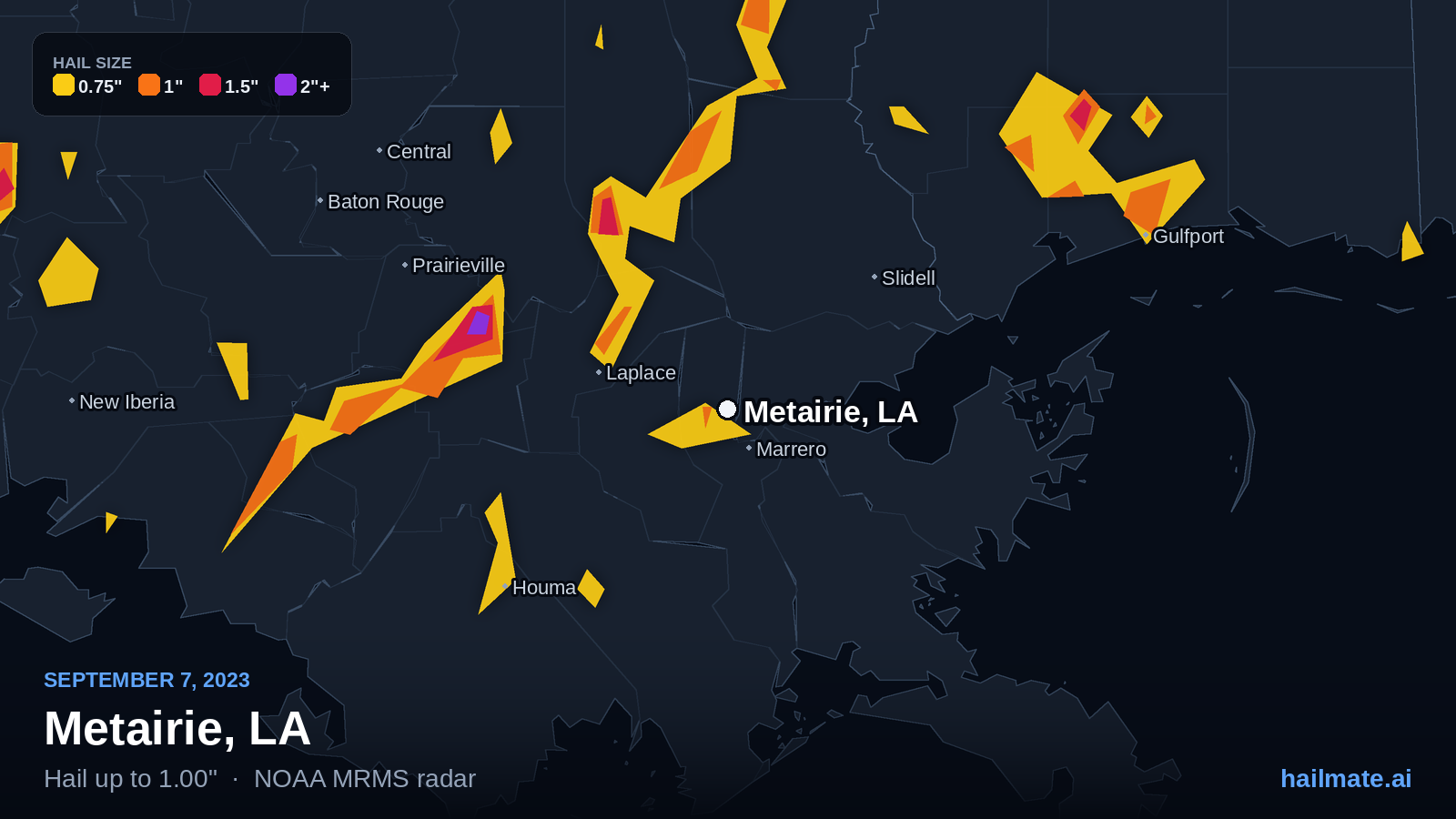 Hail swath map for Metairie, LA on September 7, 2023 showing 1.00 inch hail.