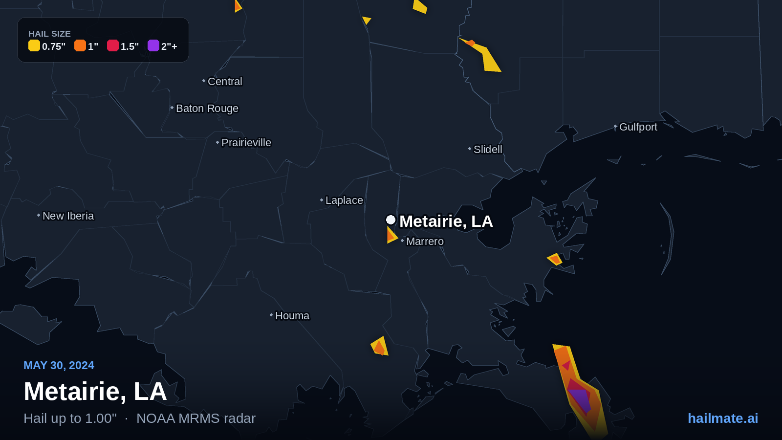 Hail swath map for Metairie, LA on May 30, 2024 showing 1.00 inch hail.