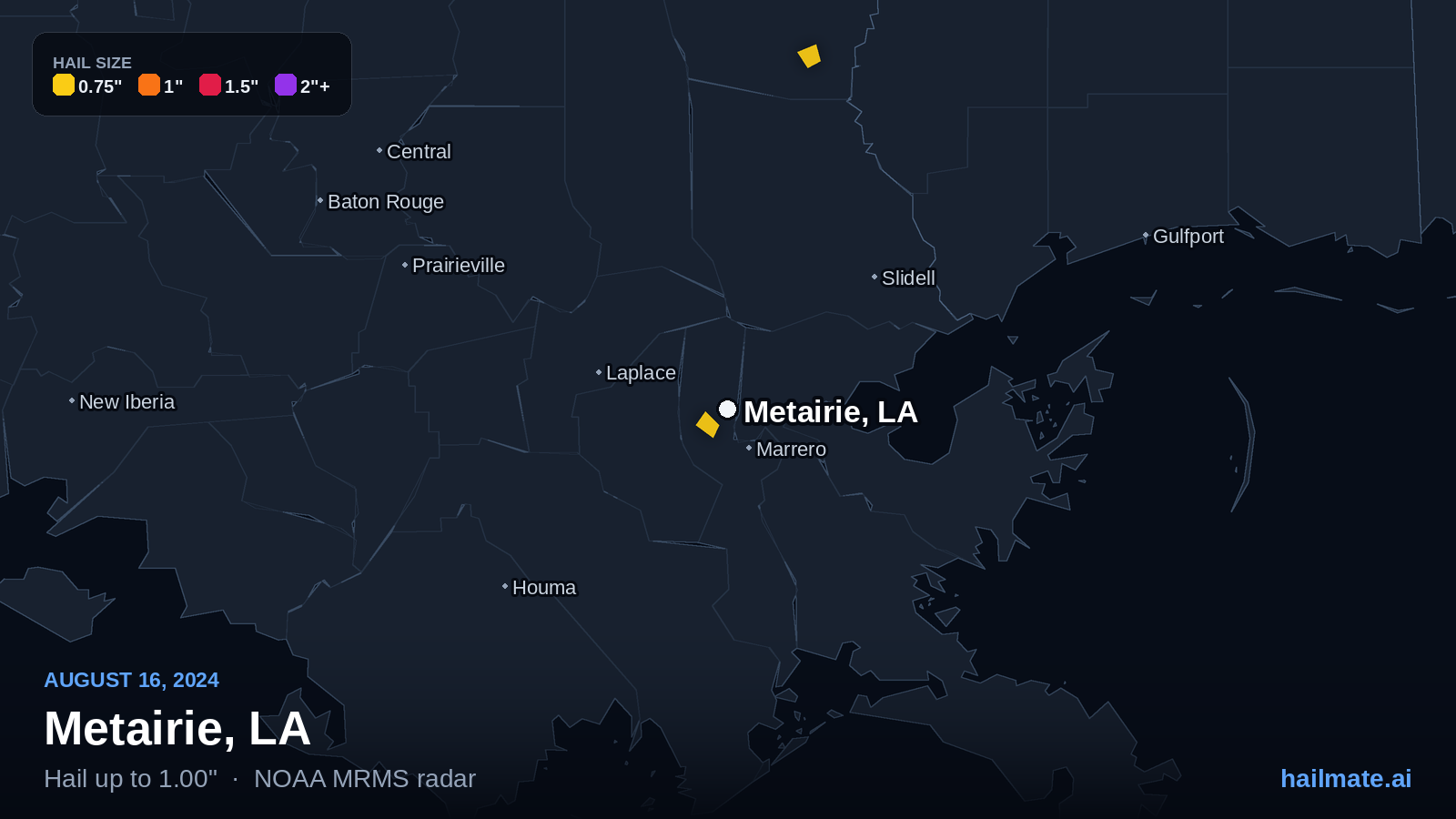 Hail swath map for Metairie, LA on August 16, 2024 showing 1.00 inch hail.