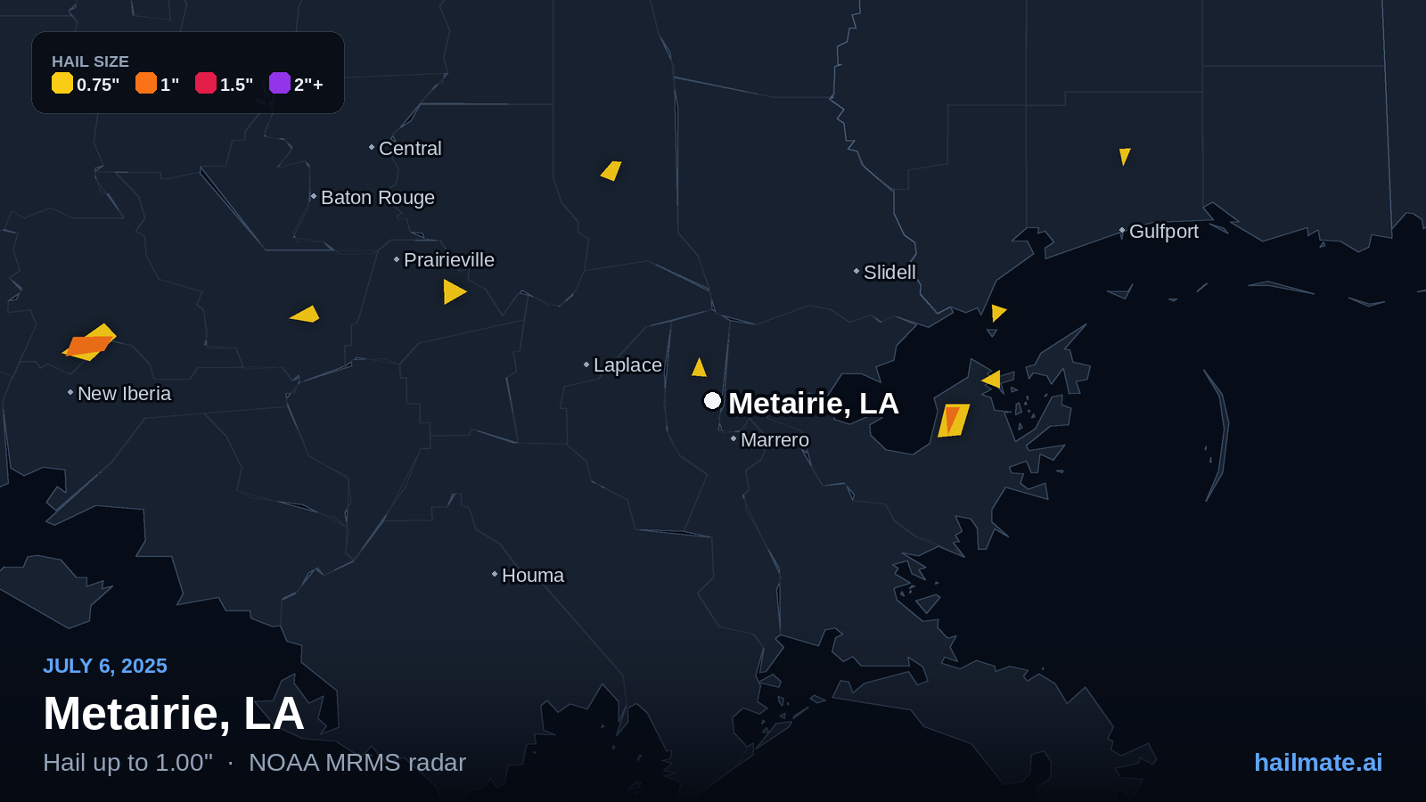 Hail swath map for Metairie, LA on July 6, 2025 showing 1.00 inch hail.