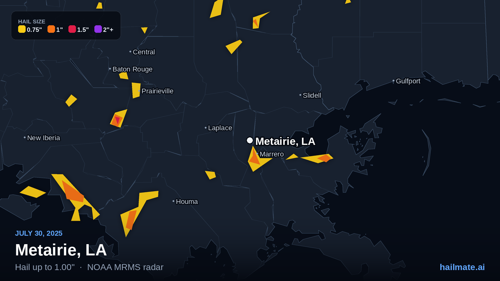 Hail swath map for Metairie, LA on July 30, 2025 showing 1.00 inch hail.
