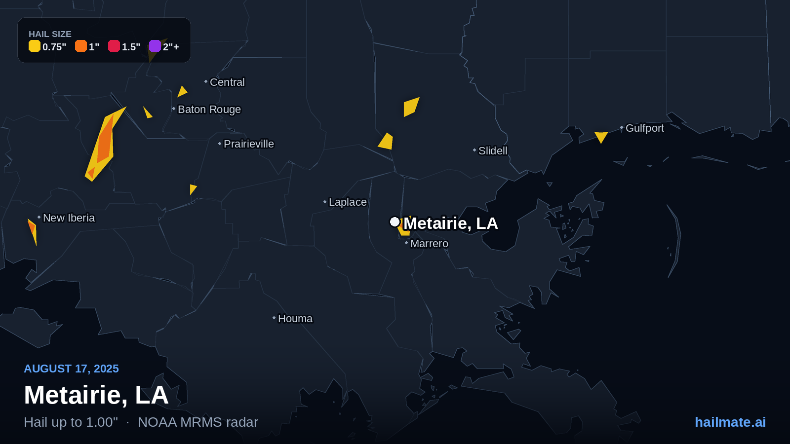 Hail swath map for Metairie, LA on August 17, 2025 showing 1.00 inch hail.