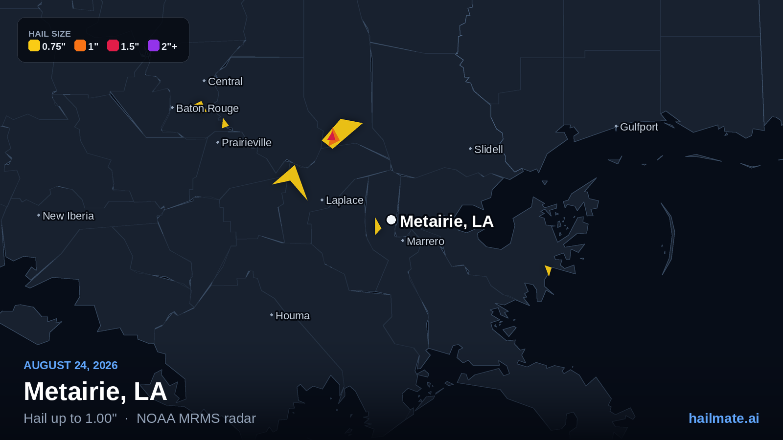 Hail swath map for Metairie, LA on August 24, 2026 showing 1.00 inch hail.