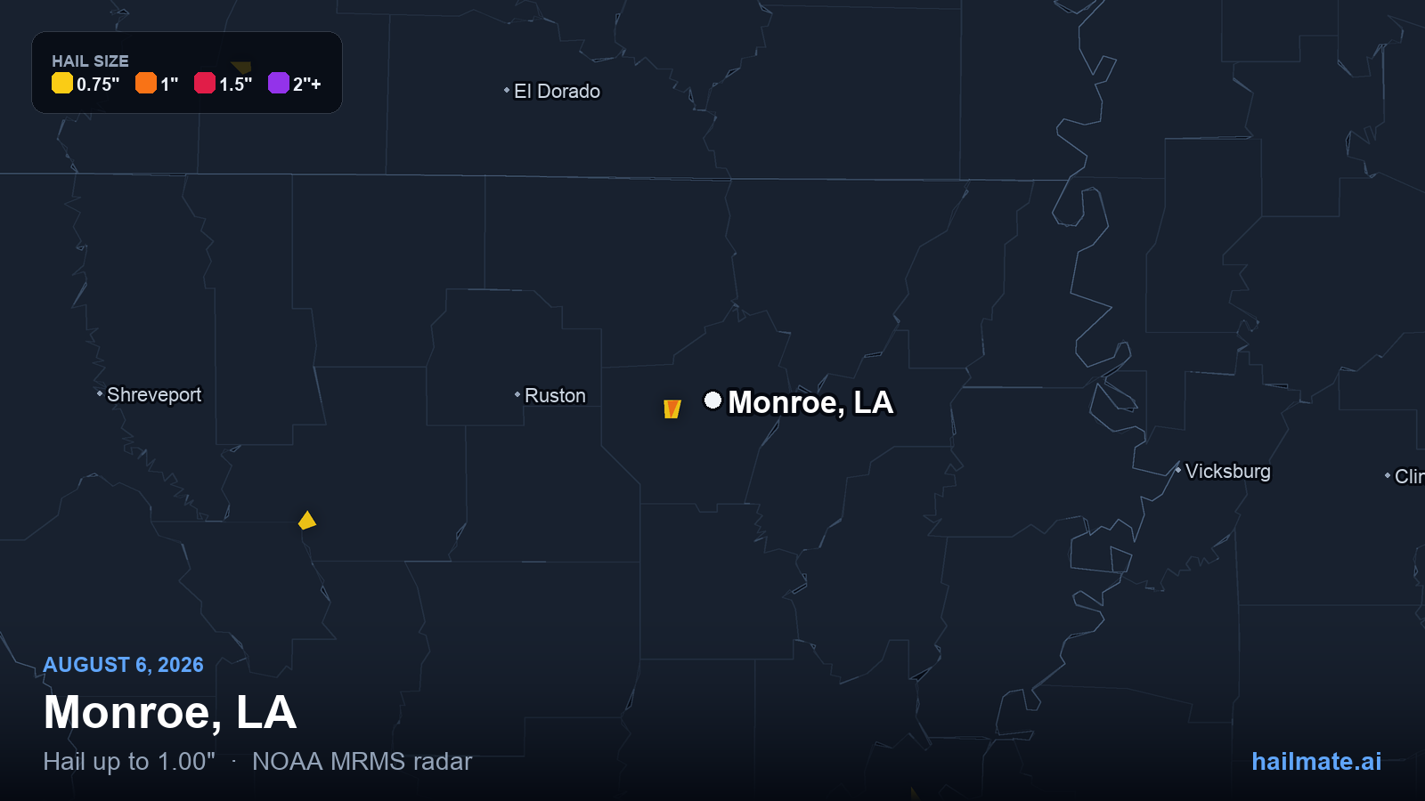 Hail swath map for Monroe, LA on August 6, 2026 showing 1.00 inch hail.