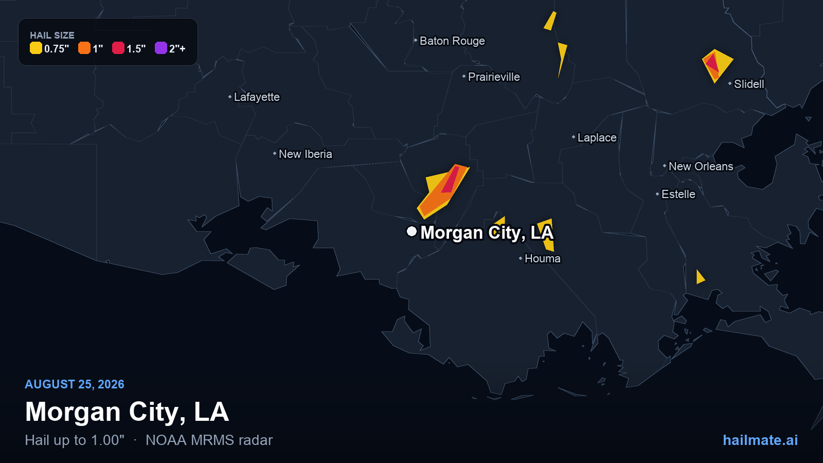 Hail swath map for Morgan City, LA on August 25, 2026 showing 1.00 inch hail.