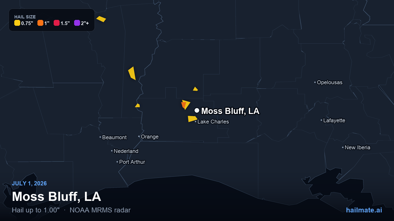Hail swath map for Moss Bluff, LA on July 1, 2026 showing 1.00 inch hail.