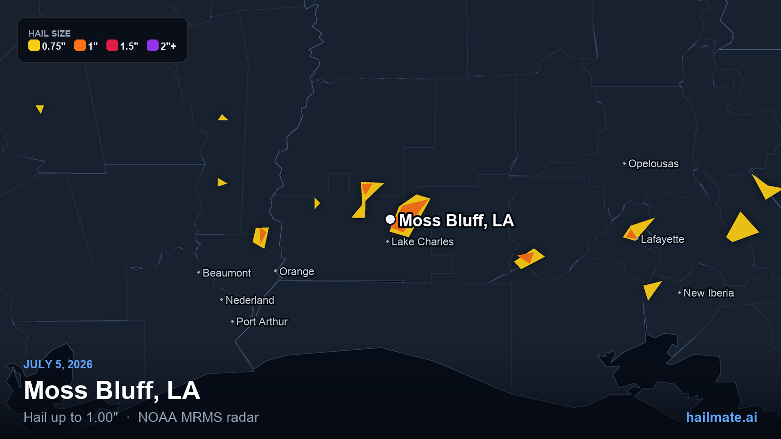 Hail swath map for Moss Bluff, LA on July 5, 2026 showing 1.00 inch hail.