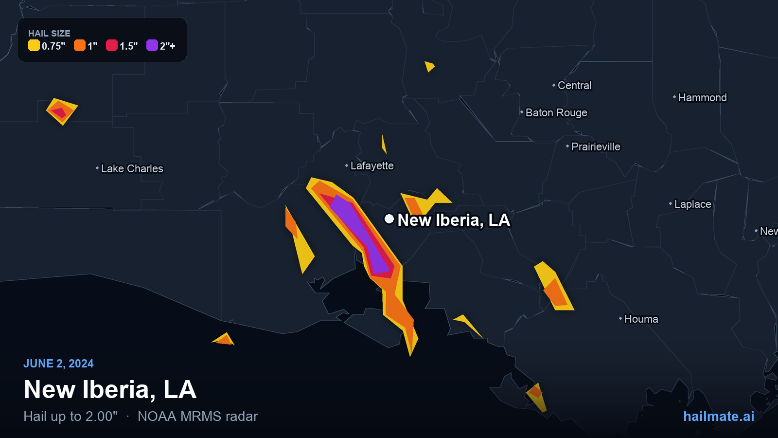 Hail swath map for New Iberia, LA on June 2, 2024 showing 2.00 inch hail.