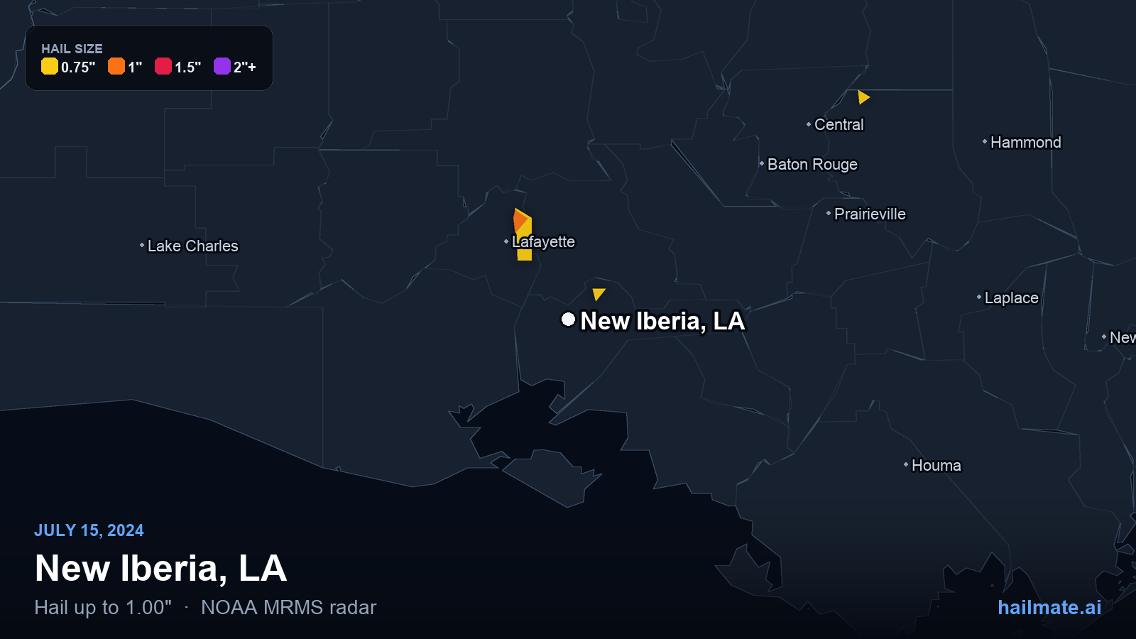 Hail swath map for New Iberia, LA on July 15, 2024 showing 1.00 inch hail.