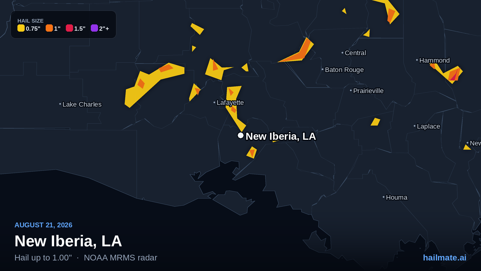 Hail swath map for New Iberia, LA on August 21, 2026 showing 1.00 inch hail.