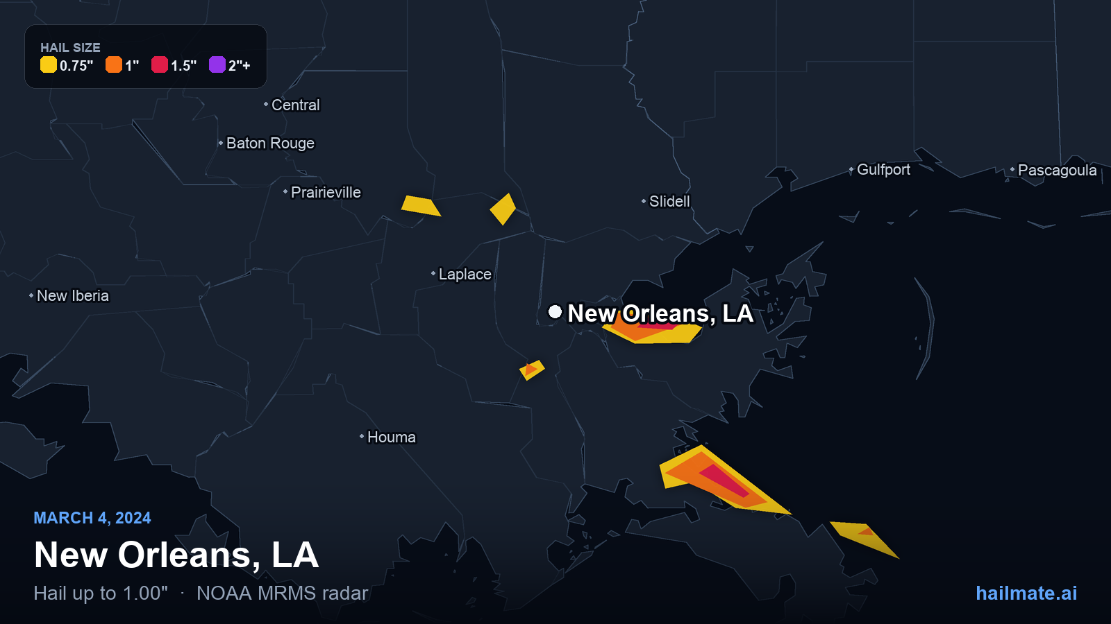 Hail swath map for New Orleans, LA on March 4, 2024 showing 1.00 inch hail.