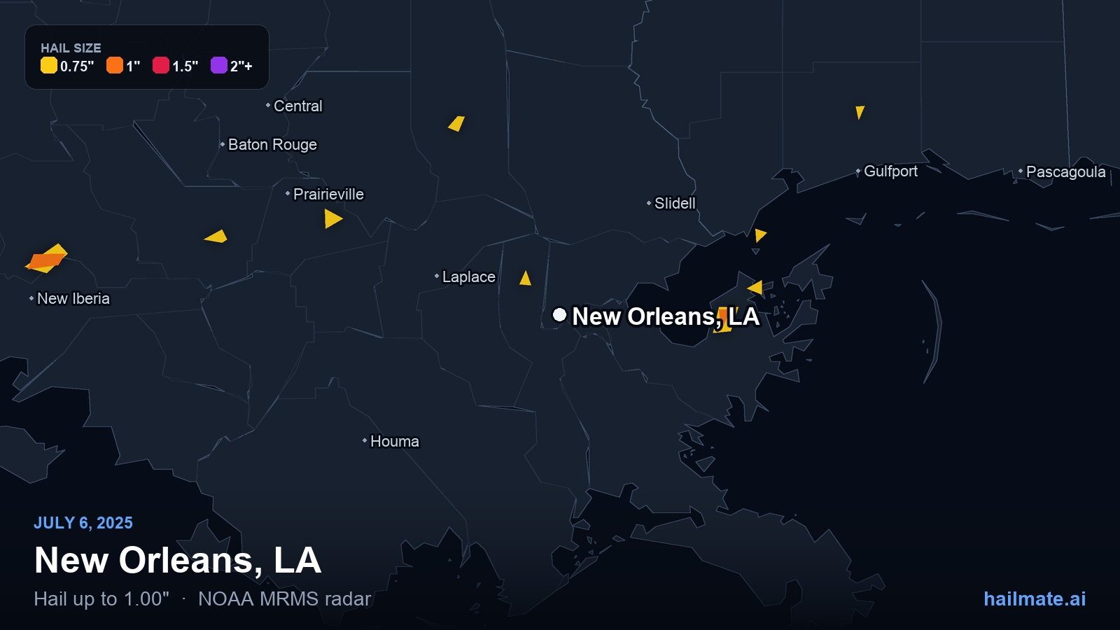 Hail swath map for New Orleans, LA on July 6, 2025 showing 1.00 inch hail.