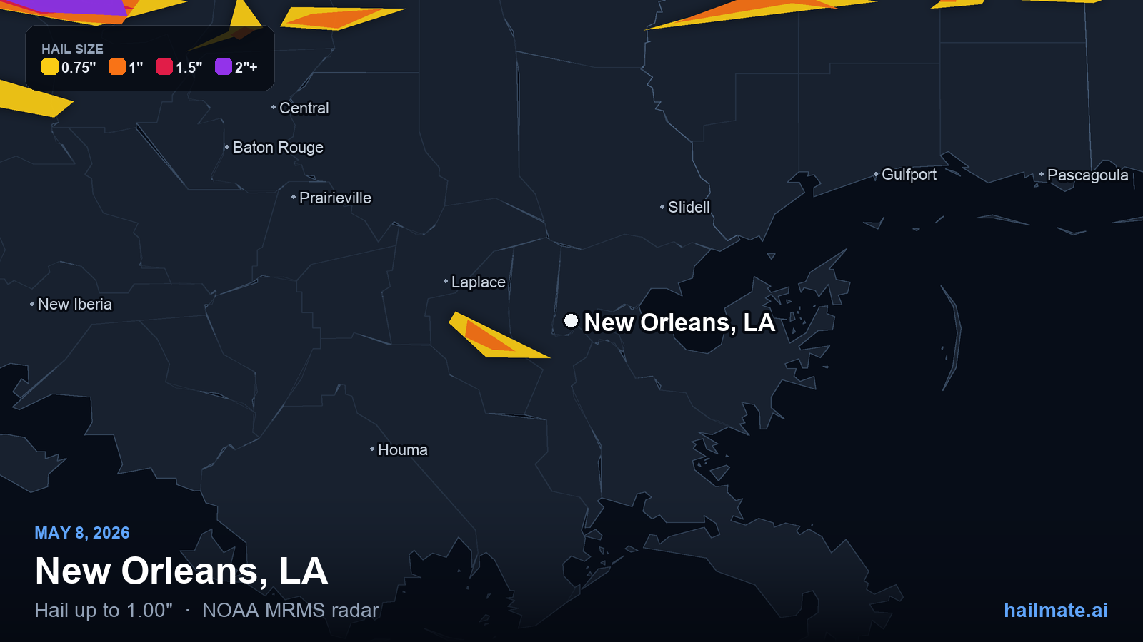 Hail swath map for New Orleans, LA on May 8, 2026 showing 1.00 inch hail.