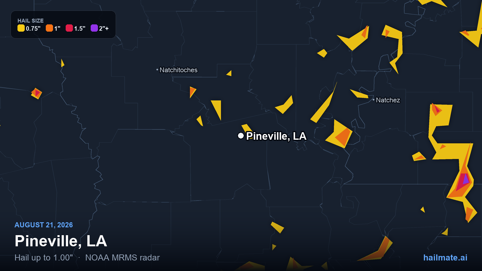 Hail swath map for Pineville, LA on August 21, 2026 showing 1.00 inch hail.