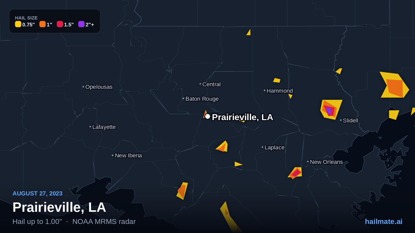 Hail swath map for Prairieville, LA on August 27, 2023 showing 1.00 inch hail.