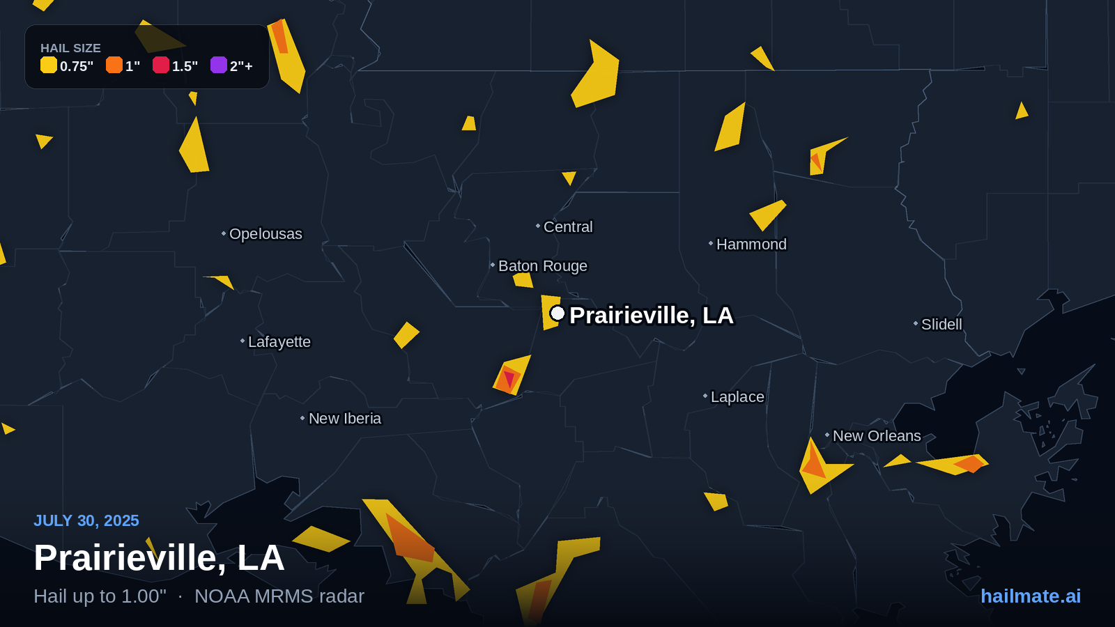 Hail swath map for Prairieville, LA on July 30, 2025 showing 1.00 inch hail.