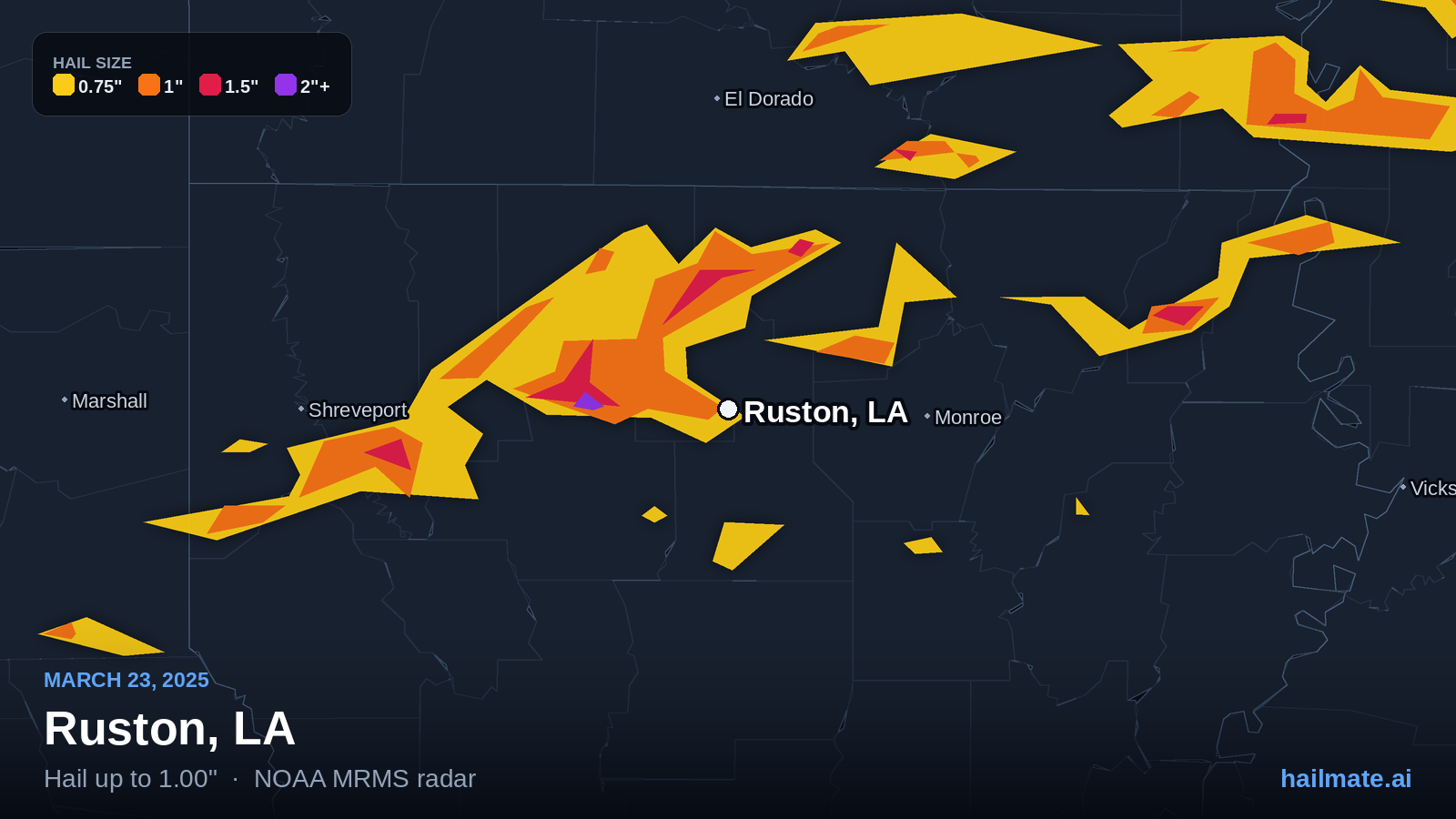 Hail swath map for Ruston, LA on March 23, 2025 showing 1.00 inch hail.