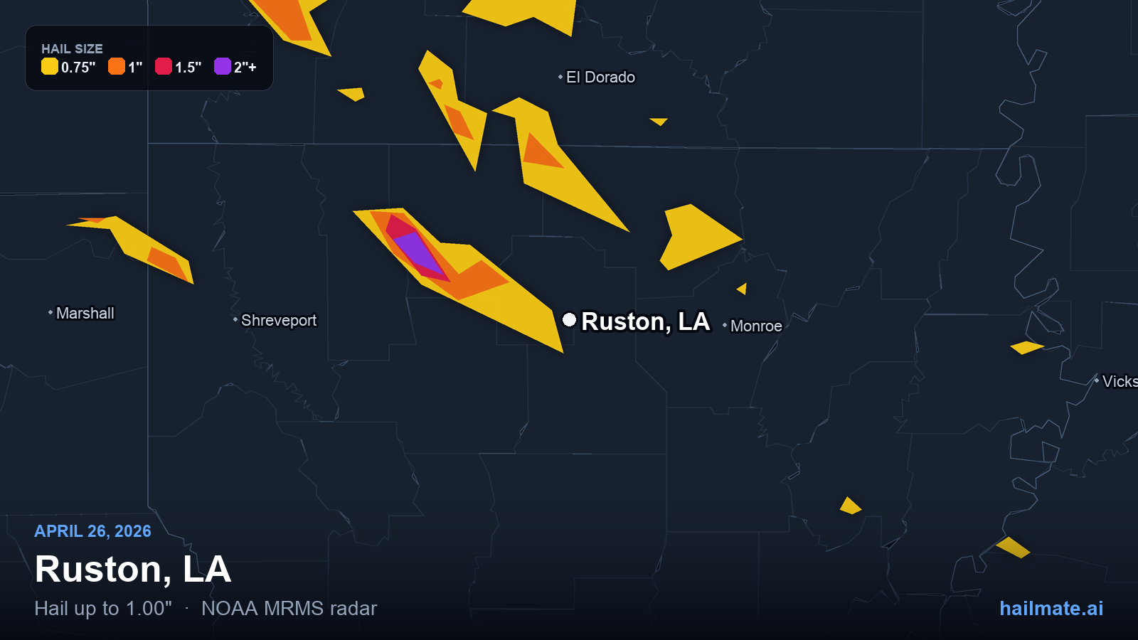 Hail swath map for Ruston, LA on April 26, 2026 showing 1.00 inch hail.