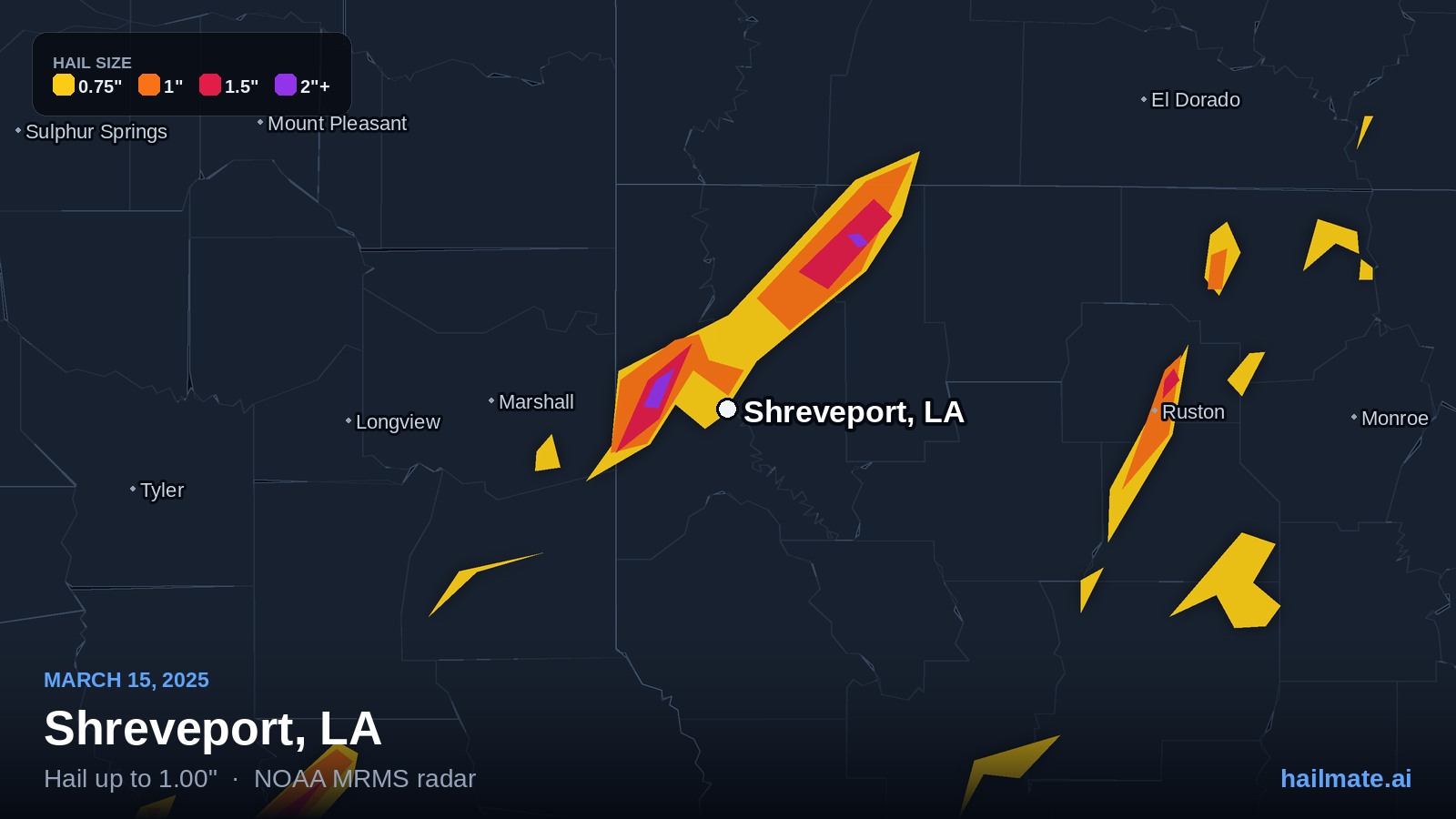 Hail swath map for Shreveport, LA on March 15, 2025 showing 1.00 inch hail.