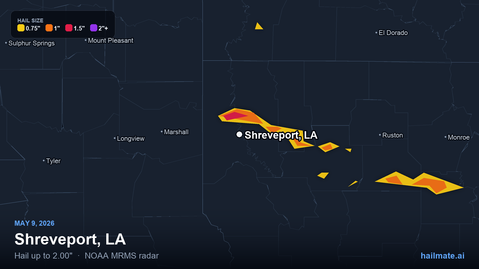 Hail swath map for Shreveport, LA on May 9, 2026 showing 2.00 inch hail.