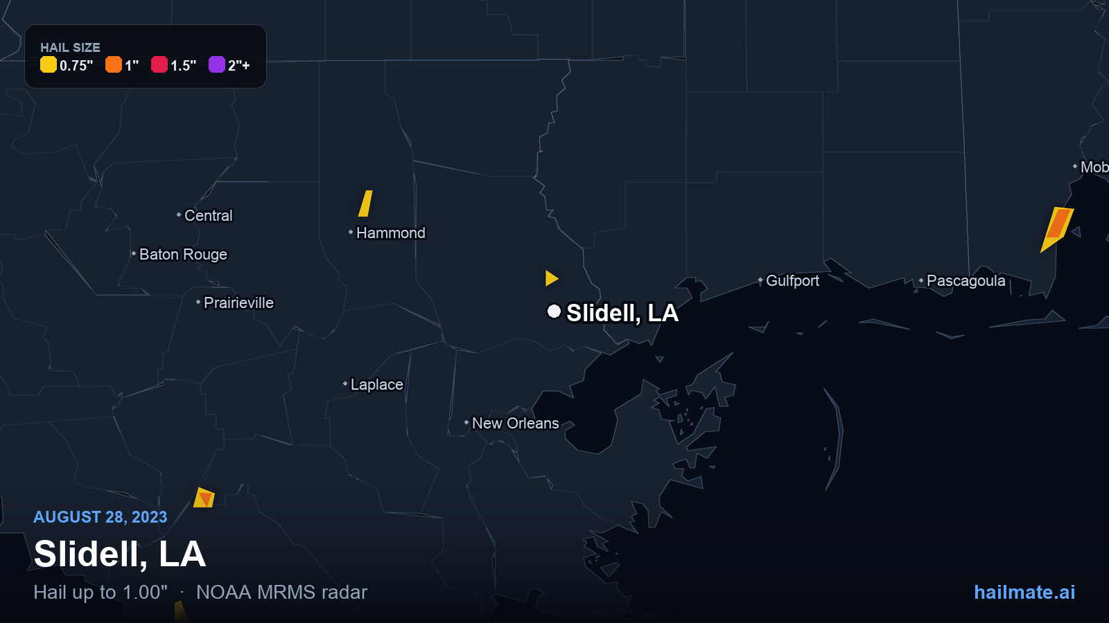 Hail swath map for Slidell, LA on August 28, 2023 showing 1.00 inch hail.