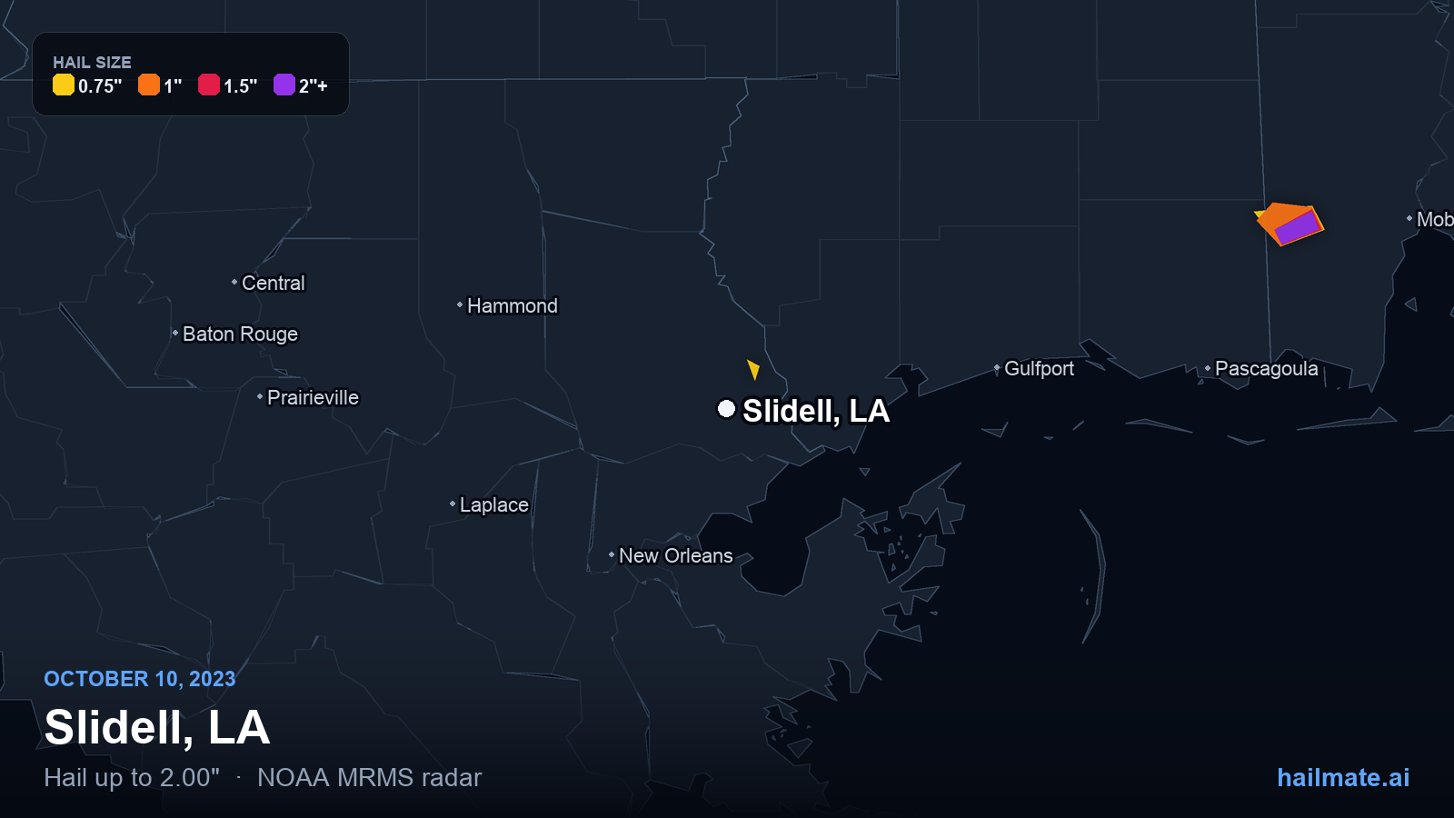 Hail swath map for Slidell, LA on October 10, 2023 showing 2.00 inch hail.