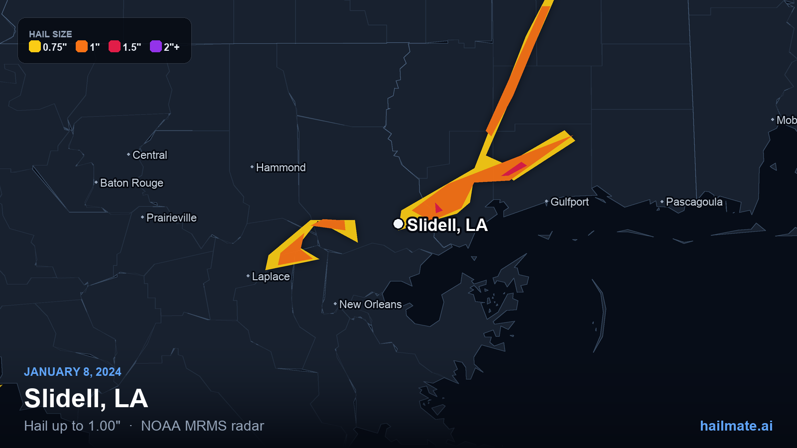 Hail swath map for Slidell, LA on January 8, 2024 showing 1.00 inch hail.