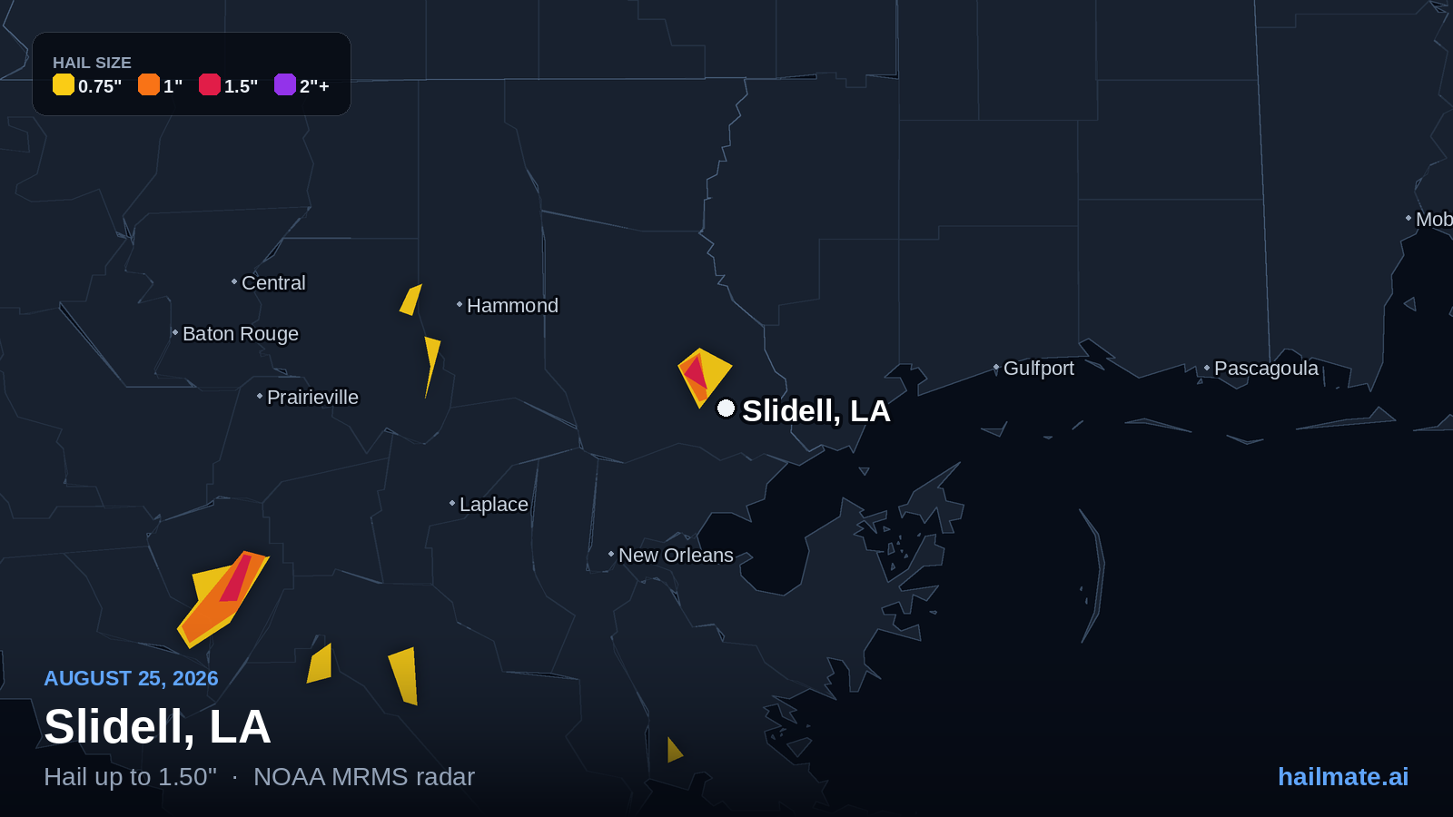 Hail swath map for Slidell, LA on August 25, 2026 showing 1.50 inch hail.