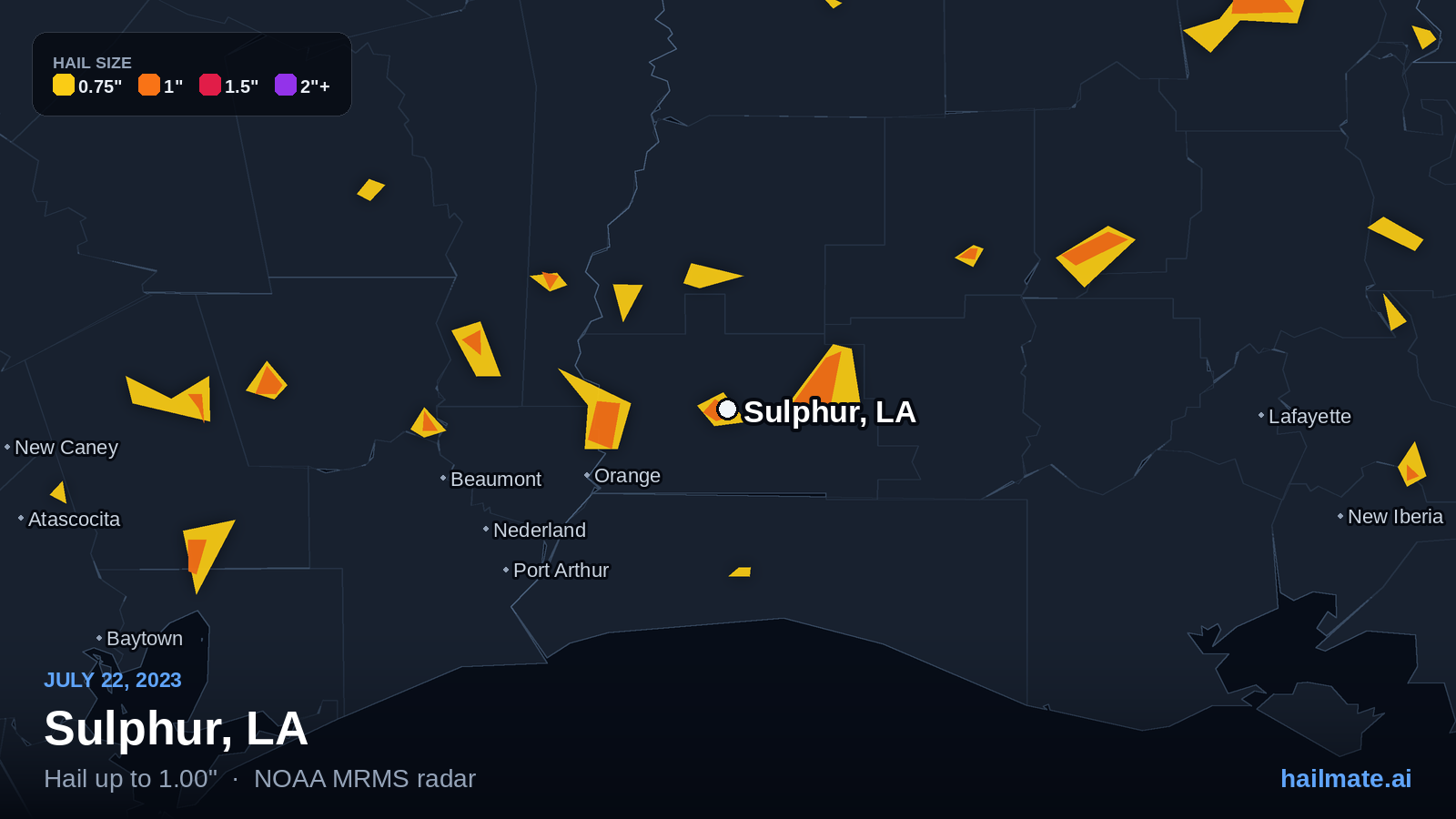 Hail swath map for Sulphur, LA on July 22, 2023 showing 1.00 inch hail.