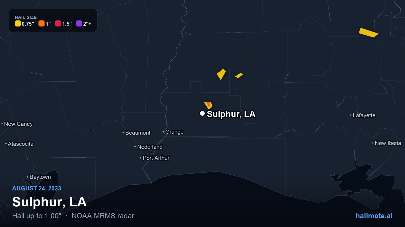 Hail swath map for Sulphur, LA on August 24, 2023 showing 1.00 inch hail.