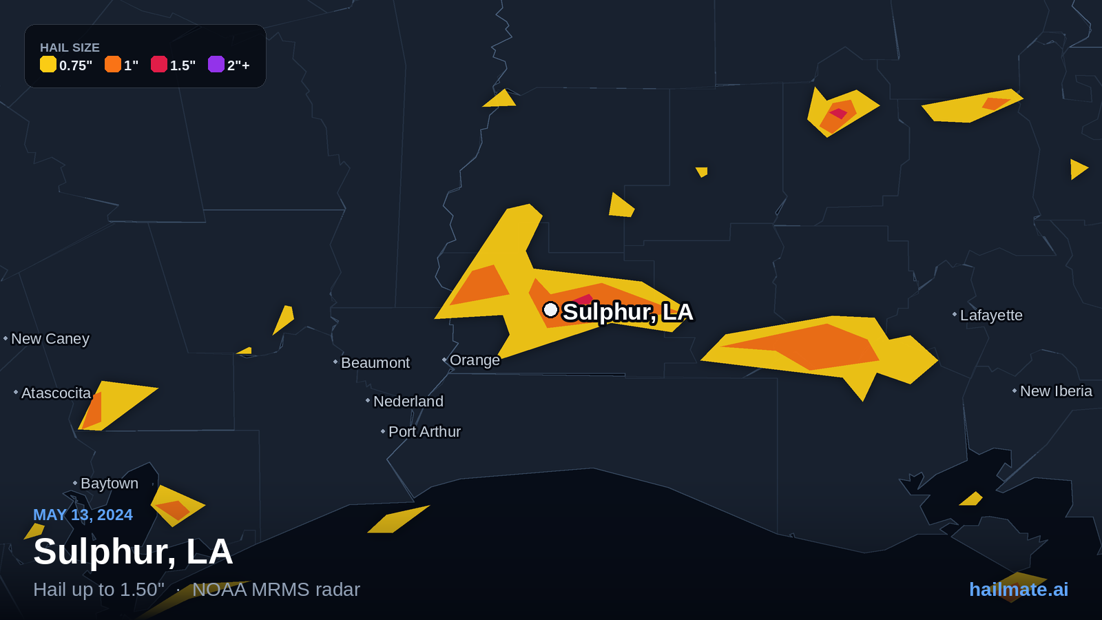 Hail swath map for Sulphur, LA on May 13, 2024 showing 1.50 inch hail.