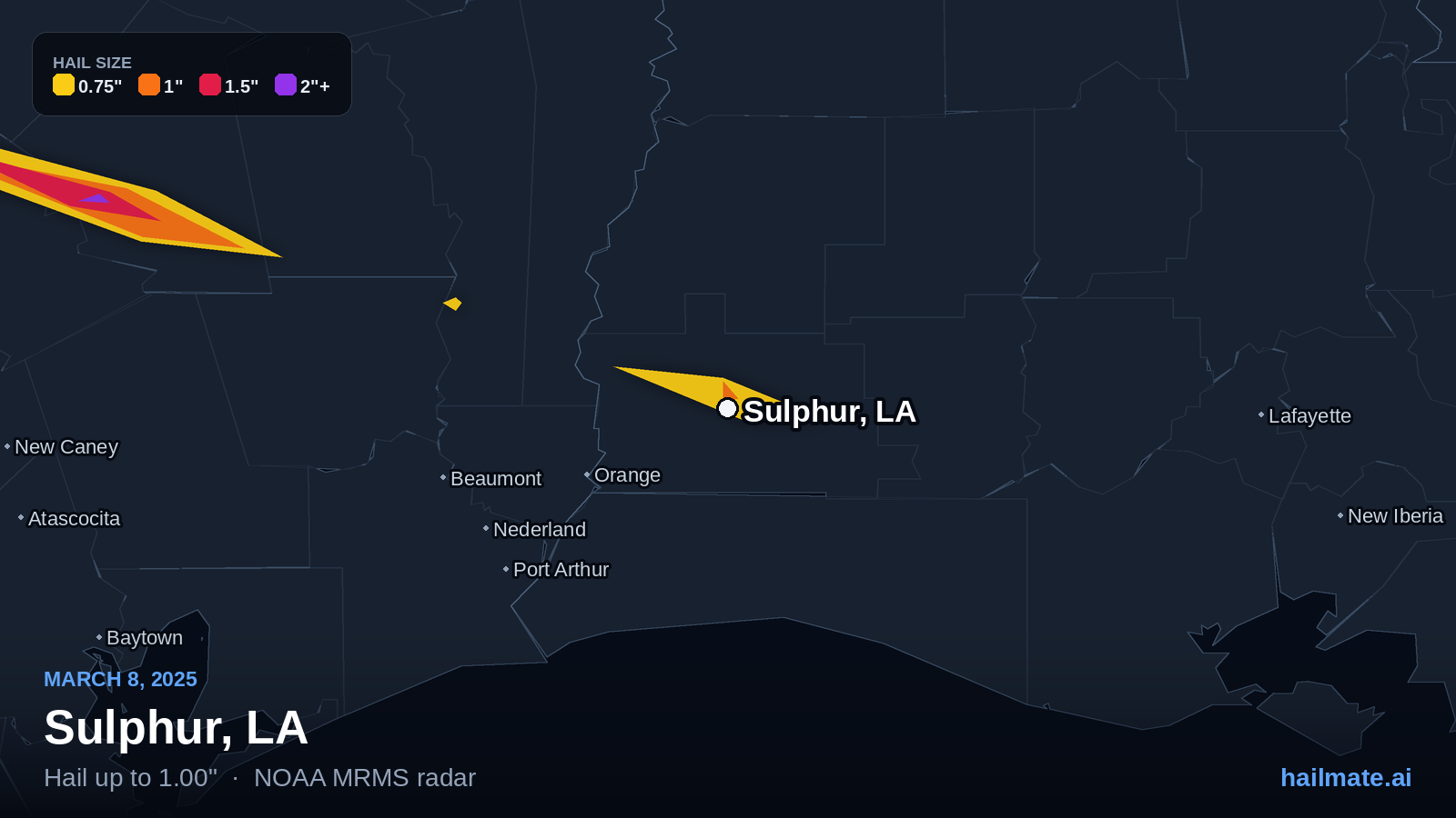 Hail swath map for Sulphur, LA on March 8, 2025 showing 1.00 inch hail.